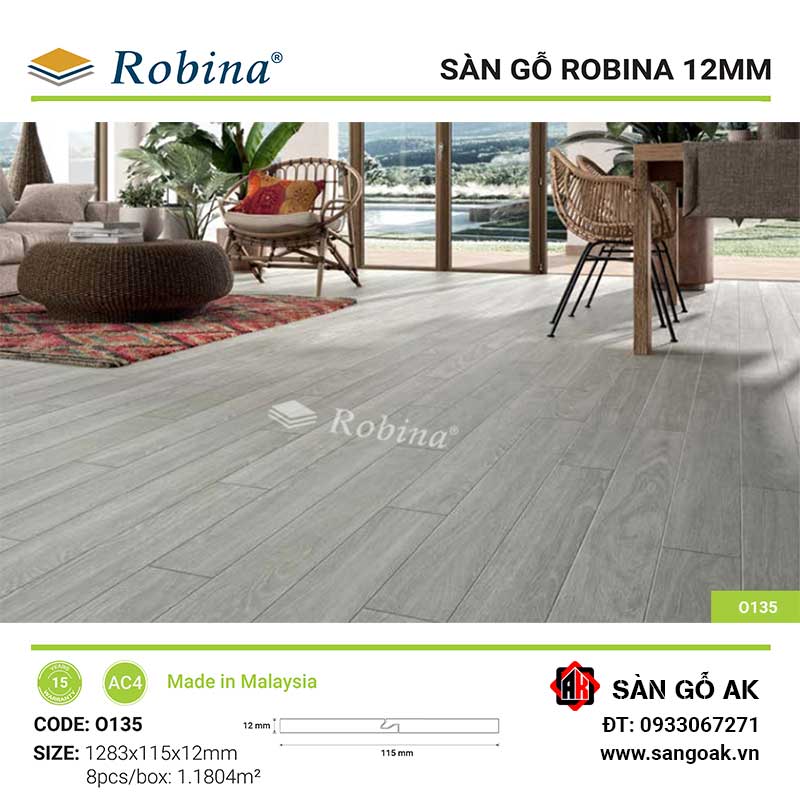 Sàn Gỗ Công Nghiệp Malaysia Robina 12mm O135 Bản Nhỏ